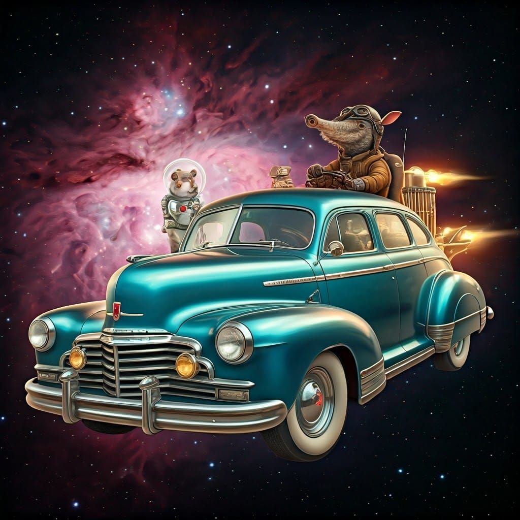 Steampunk Chevy Soars Through Nebula, Cartoon Style