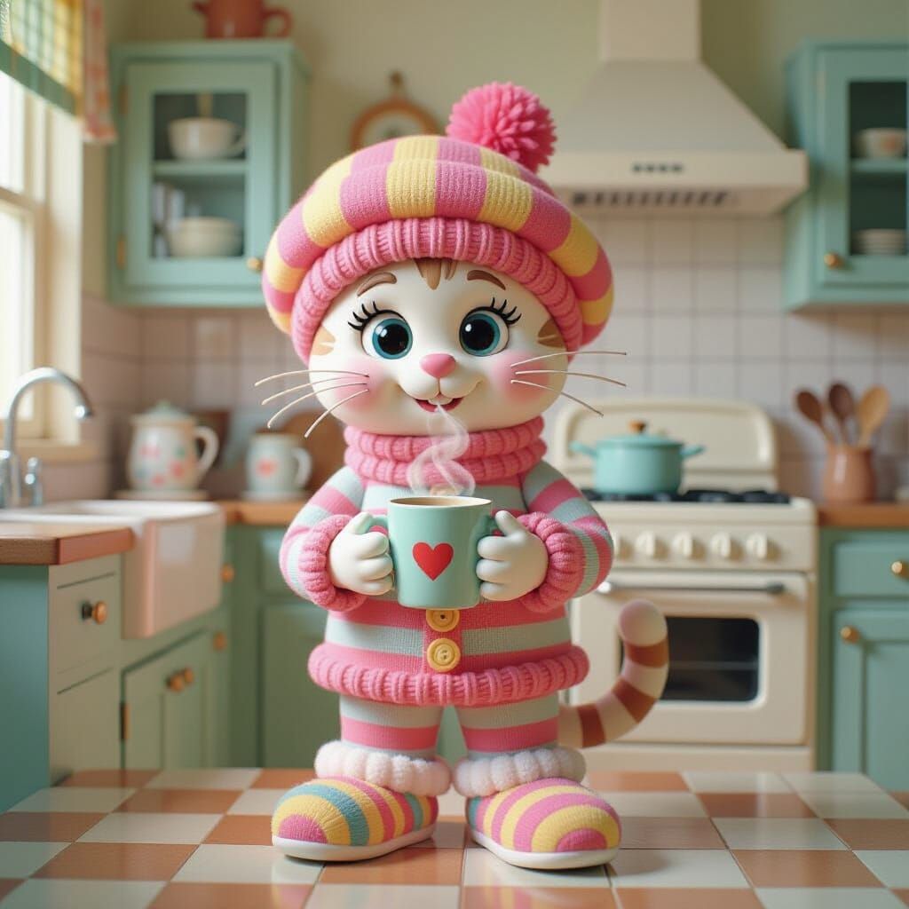 Whimsical Clay Cat in Pajamas, 3D Digital Art