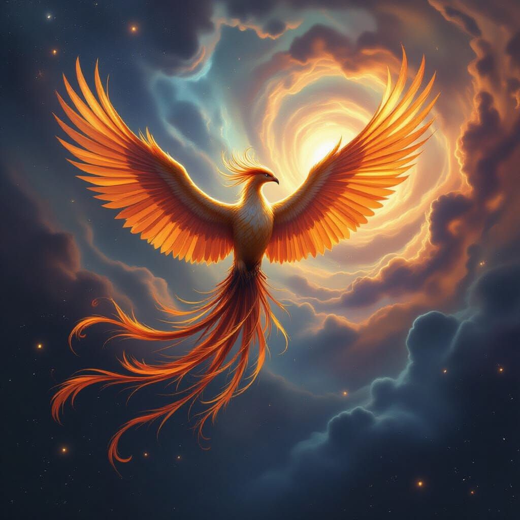 Phoenix of Gold and Sapphire Soaring Through Cosmic Nebula