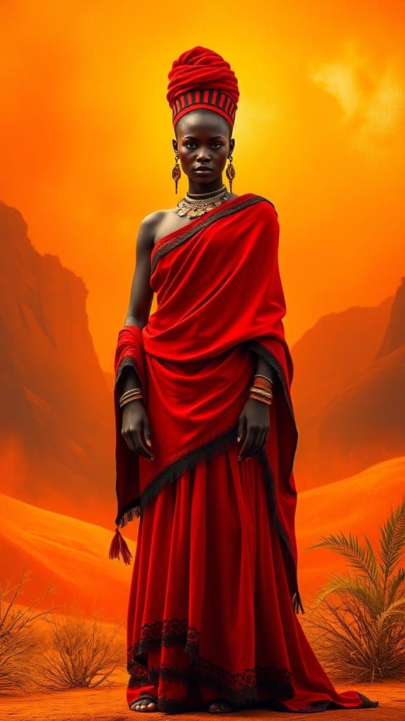 Regal African Goddess in Vibrant Firebrick Red Attire