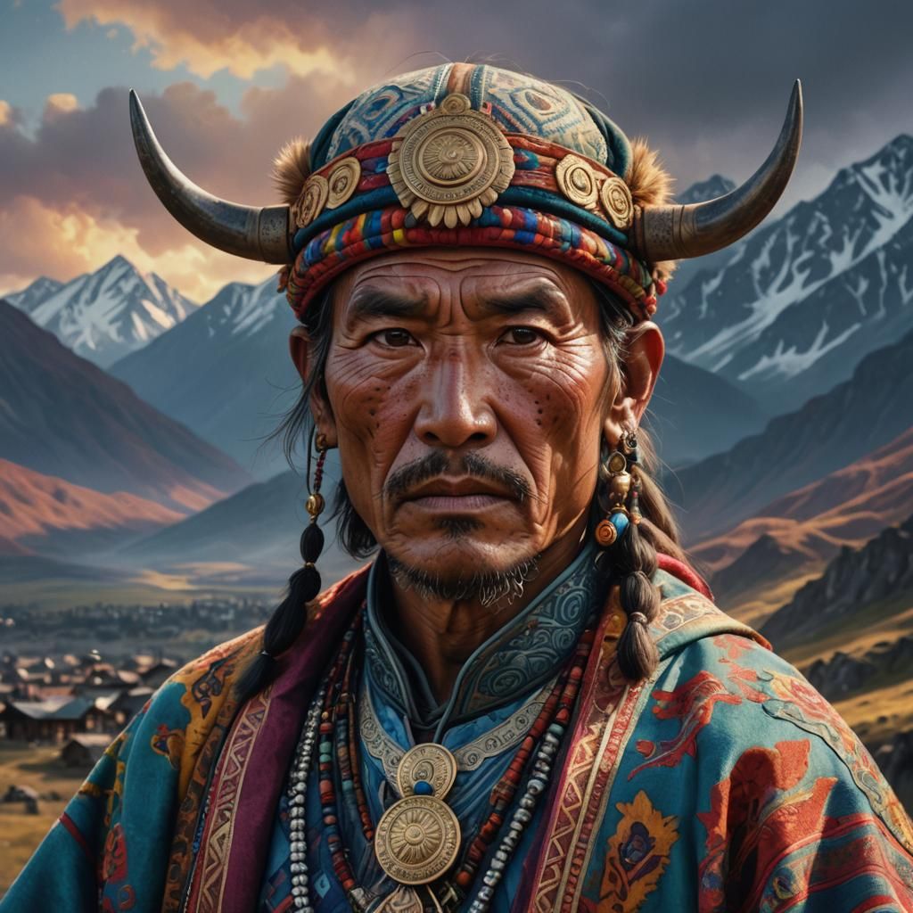 Detailed Portrait of Altai Herdsman in Traditional Dress