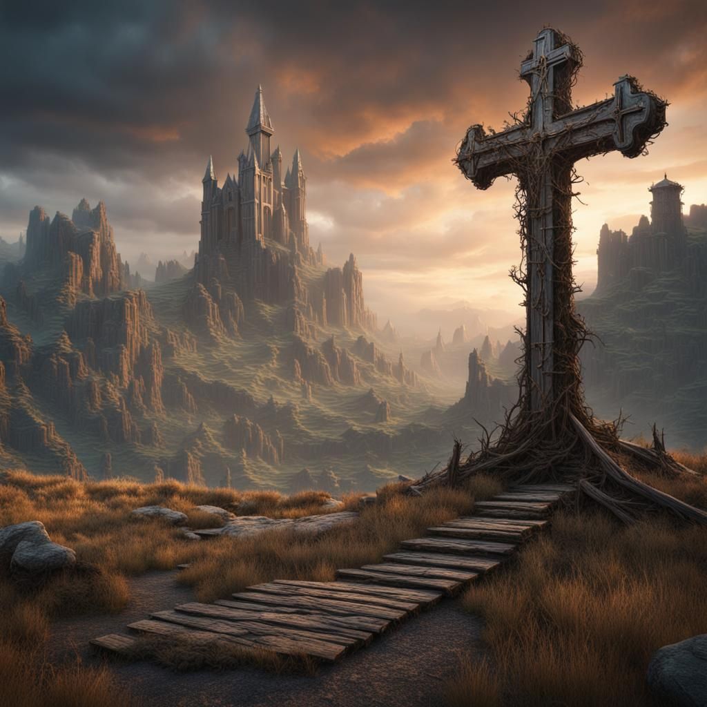 Aged Old Rugged Cross in Detailed Matte Painting