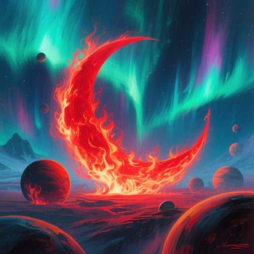 Flaming Red Moon with Aurora Borealis, Digital Painting