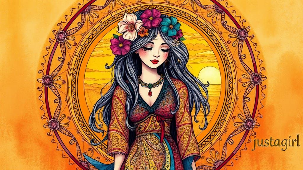 Psychedelic Hippy Girl Surrounded by Zentangle Mandala