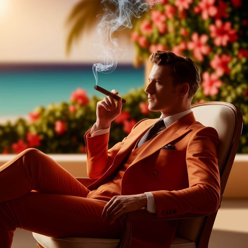 Elegant 1950s Man Smoking Cigar in Tropical Setting