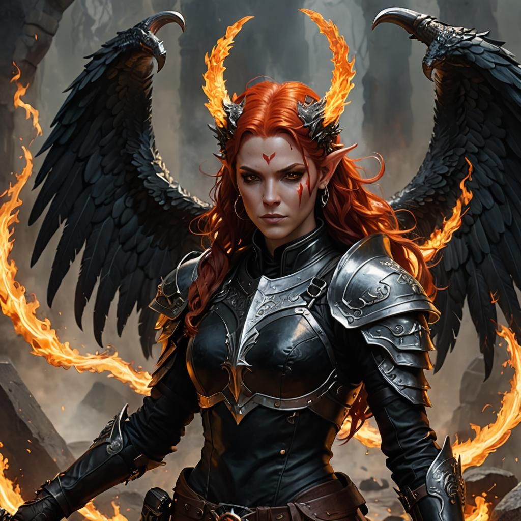 Aasimar-Tiefling Hybrid Woman with Flaming Halo