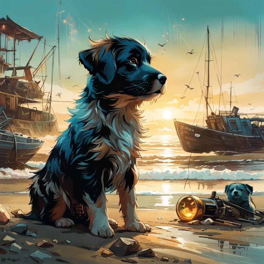 Puppy on Beach: Hyperdetailed Digital Art