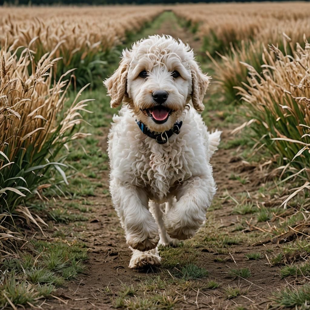 Cute Labradoodle Puppy Running in Field
