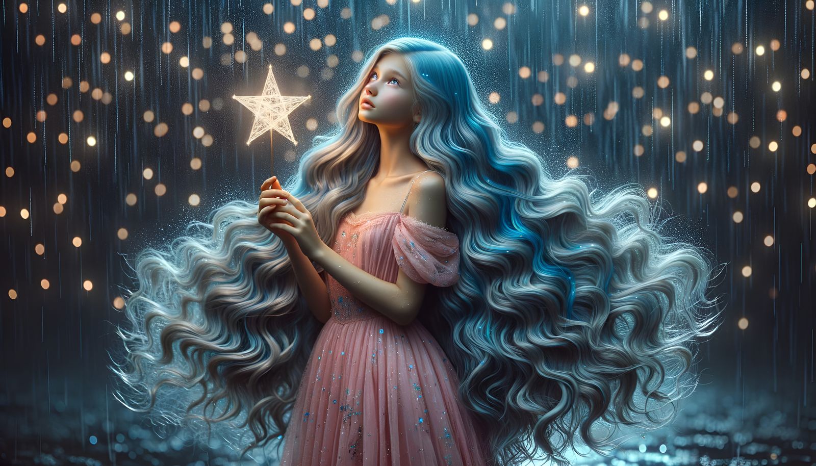 Girl with Starry Hair in Starry Night