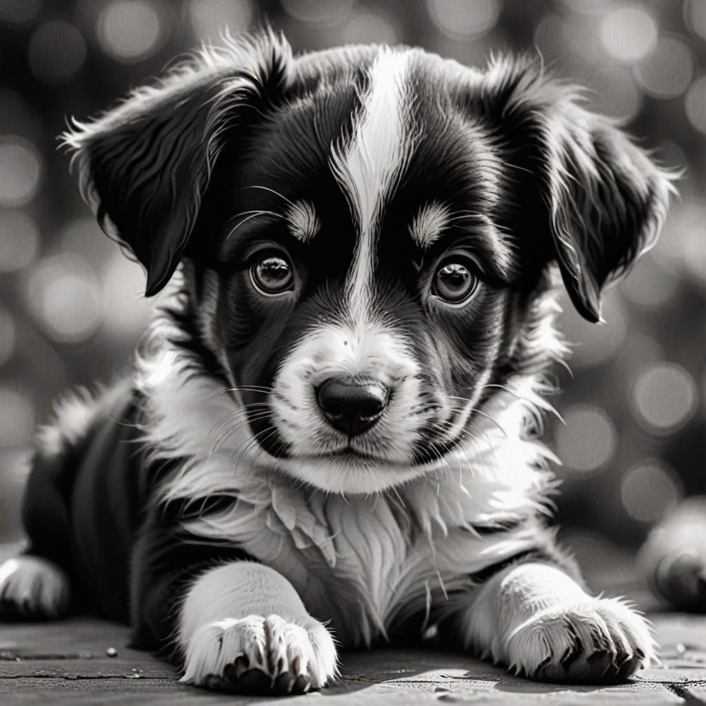 Cute Black and White Puppy in Ink Style