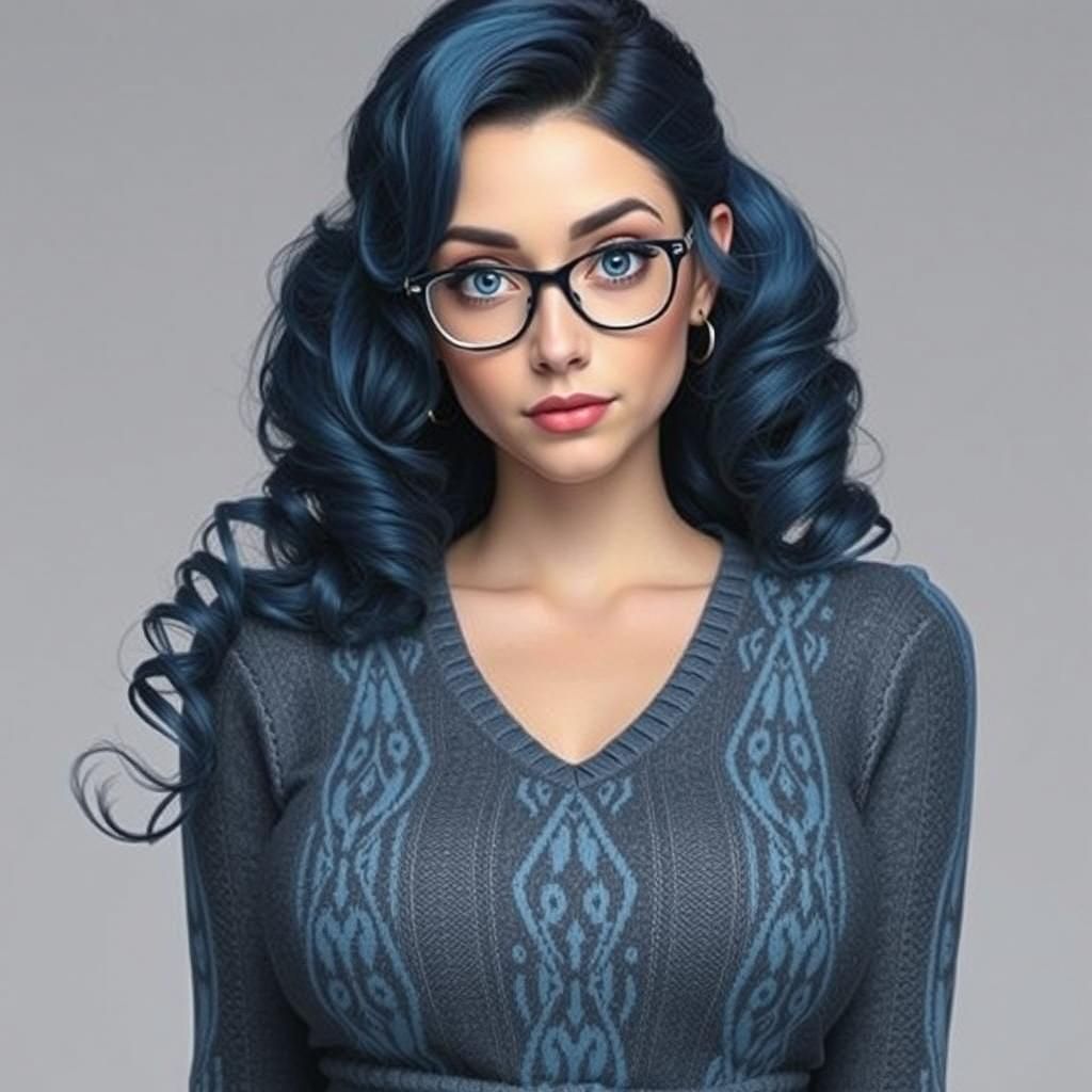 Beautiful Woman with Blue Curls and V-Neck Sweater