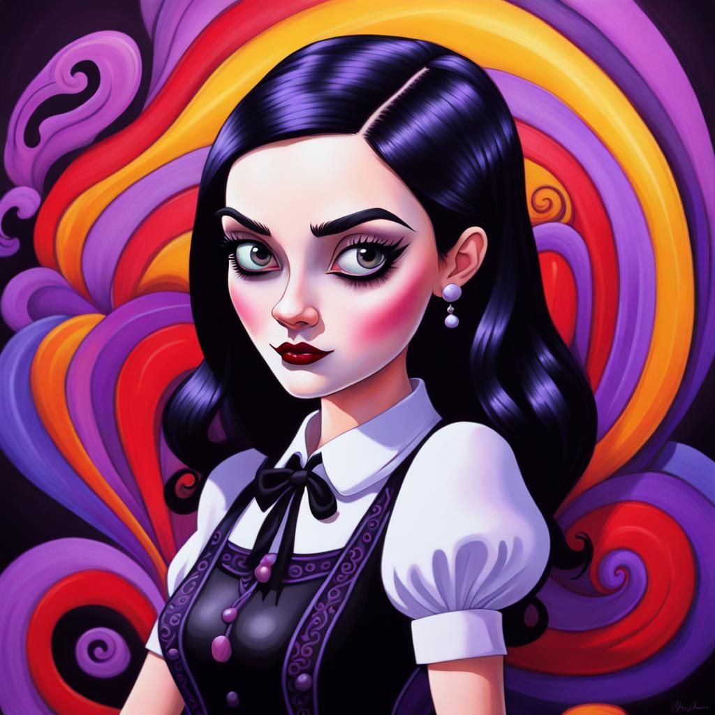Wednesday Addams Glamorous Cartoon Portrait in Pixar Style
