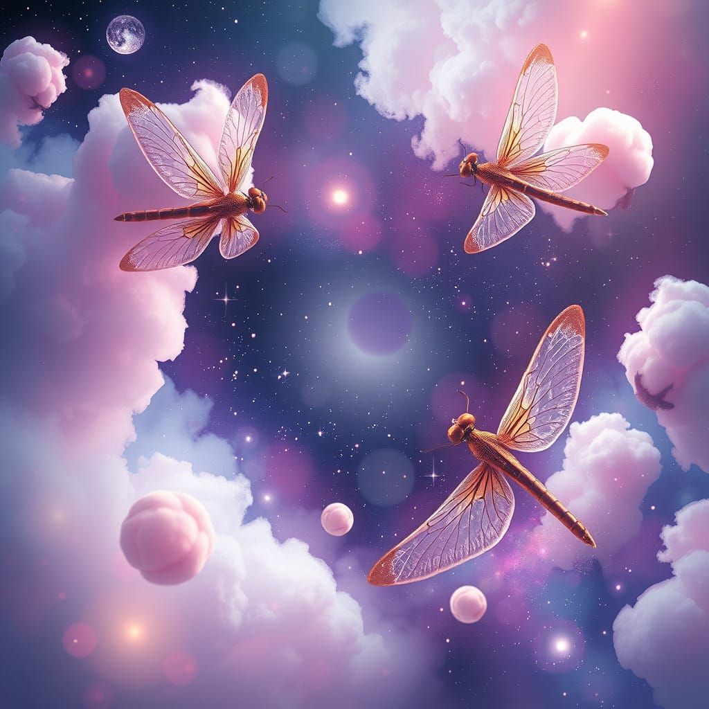Surreal Cosmic Dragonflies Made from Cotton Candy in Space