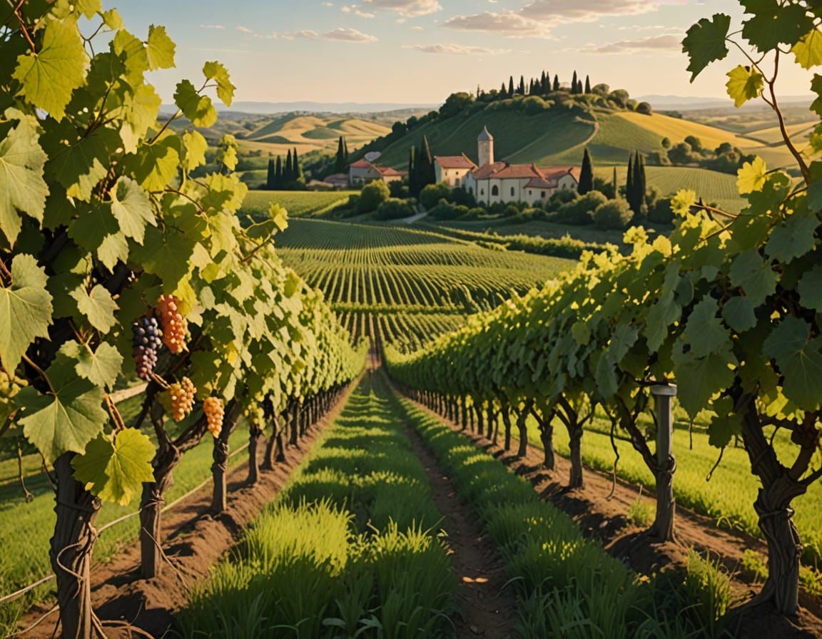 Golden Hour Vineyard Scene in Art Nouveau Style