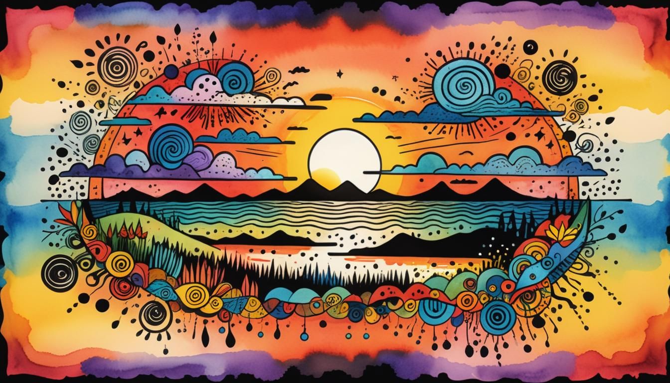 Whimsical Asemic Sunset in Colored Ink