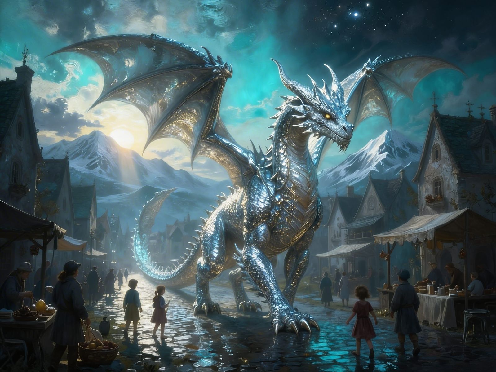 Surreal Silver Dragon in Medieval Village Painting