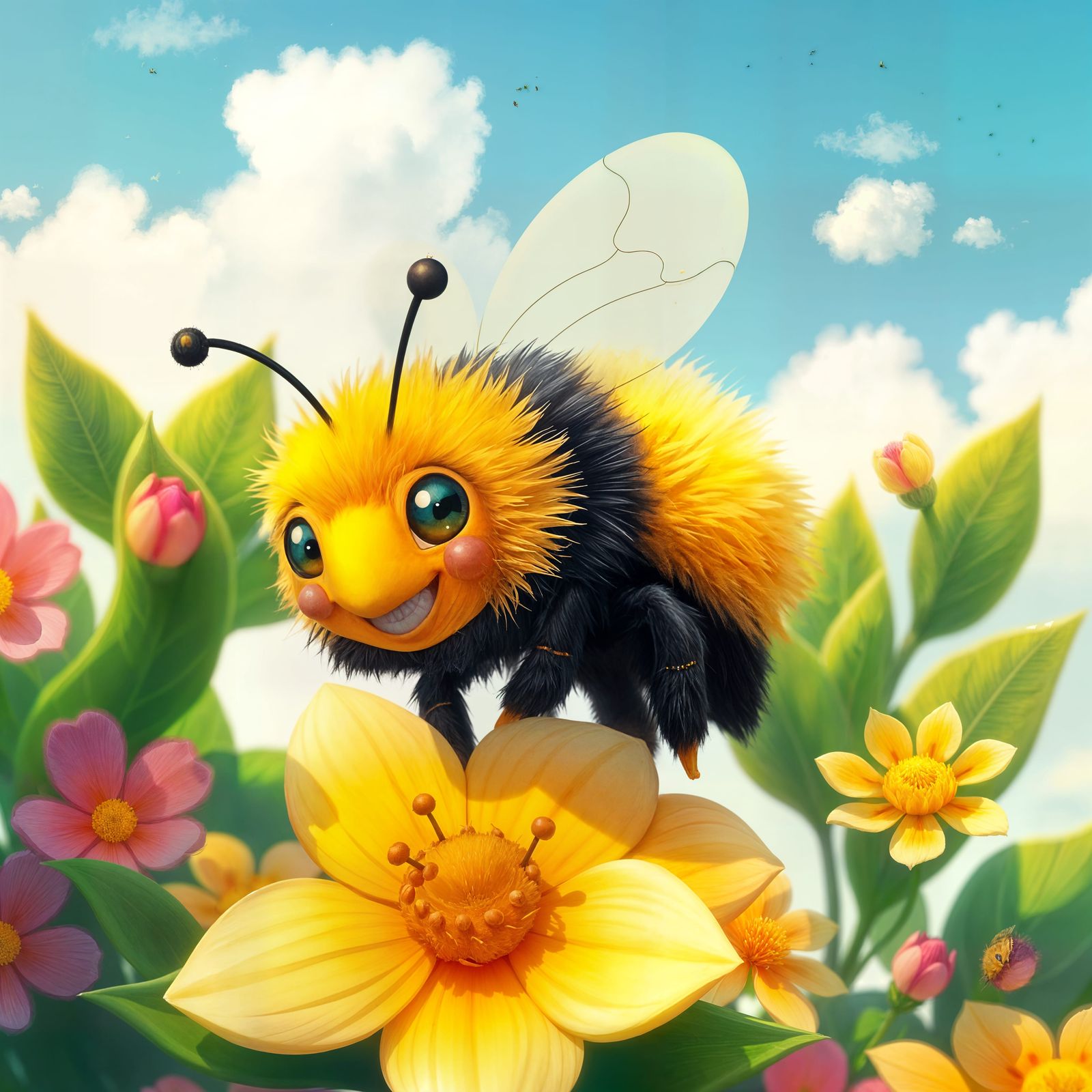 Whimsical Bumblebee in a Vibrant Floral Wonderland