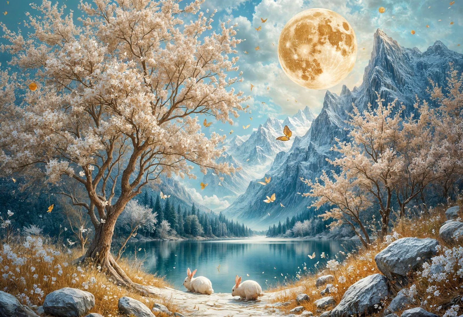 Ethereal Almond Blossom Scene with Rabbits and Mountains