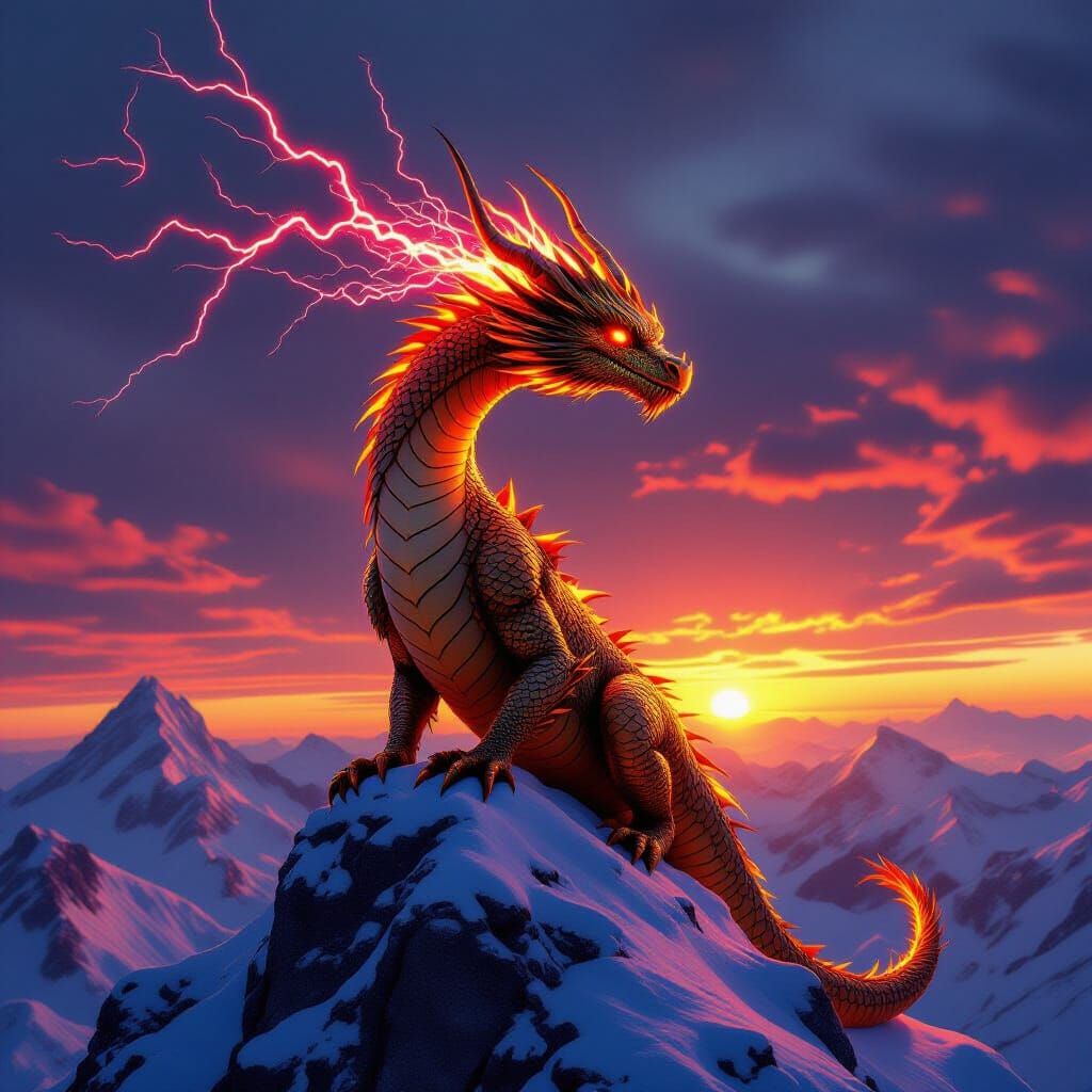 Golden Dragon on Snowy Peak with Red Aura