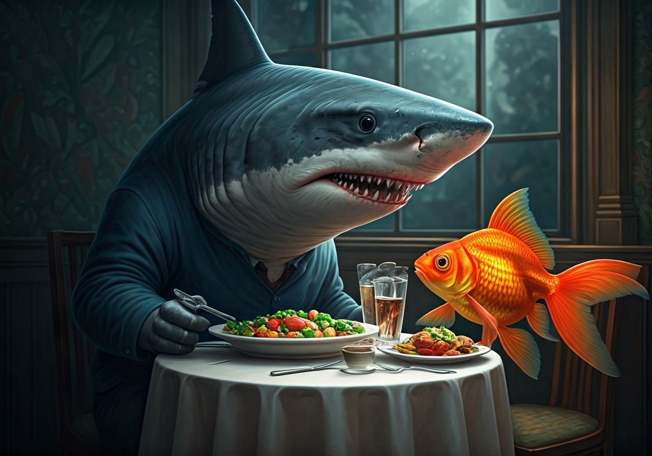 Shark and Goldfish Share Vegetarian Meal in Magical Realism ...