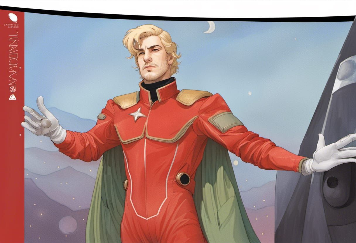 Char Aznable, slim attractive man with shoulder length blonde hair, aviator sunglasses, red space suit, head and torso p...