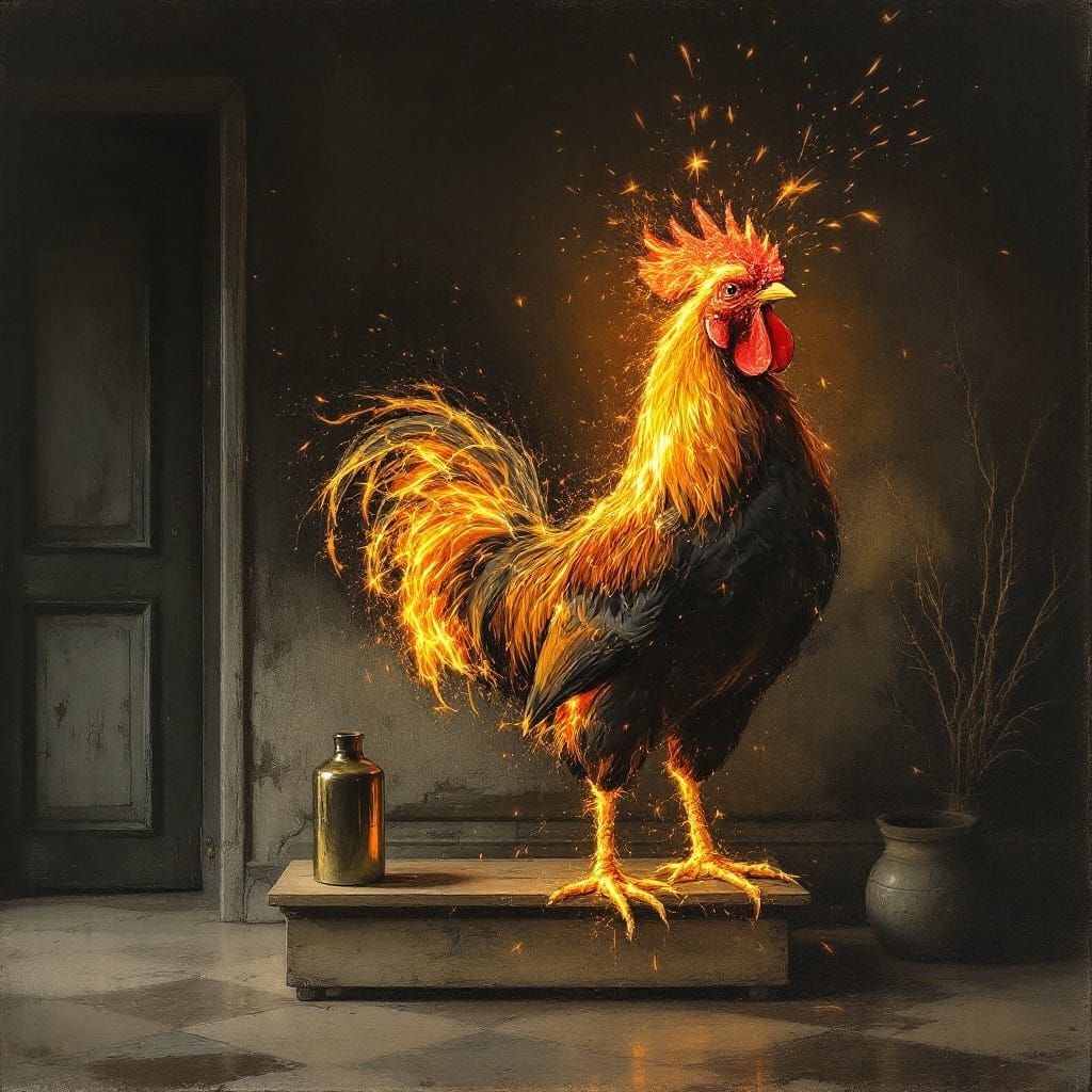 Ethereal Rooster Erupts in Fiery Splendor