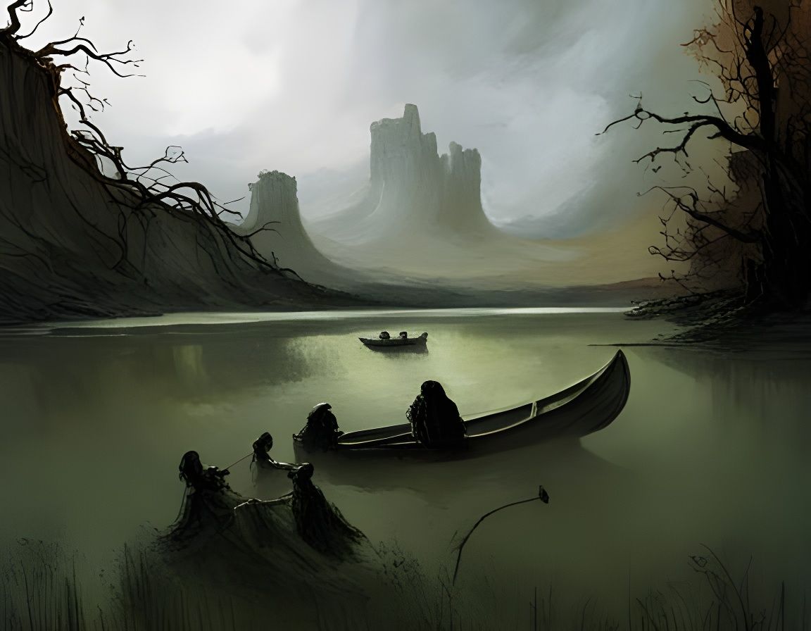 Ancient Boat on Misty Lake in Dark Fantasy Style