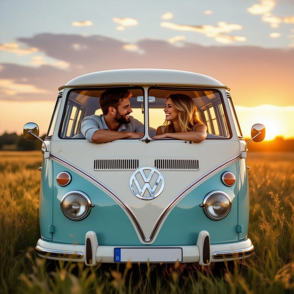 Lovers in VW Van at Sunset: Retro Photo