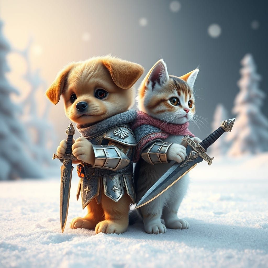 Fantasy Feline and Canine Warriors in Winter Wonderland