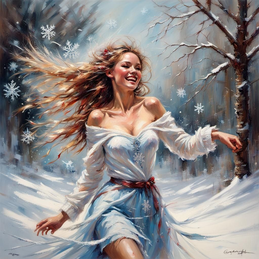 Woman Twirling in Winter Wonderland Snow