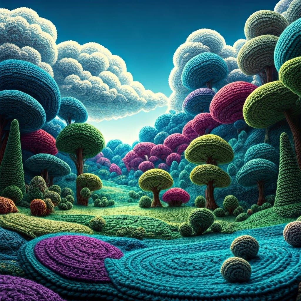 Whimsical Crochet Realm in Vibrant Abstraction