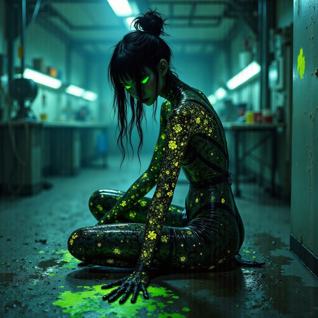 Mysterious Android Woman Pin-up kneeling in bioluminescent g...