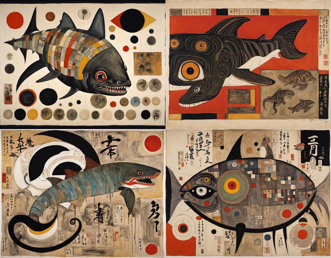 Surreal Mutant Boar Shark Squirrel in Japanese Art Deco Horr...