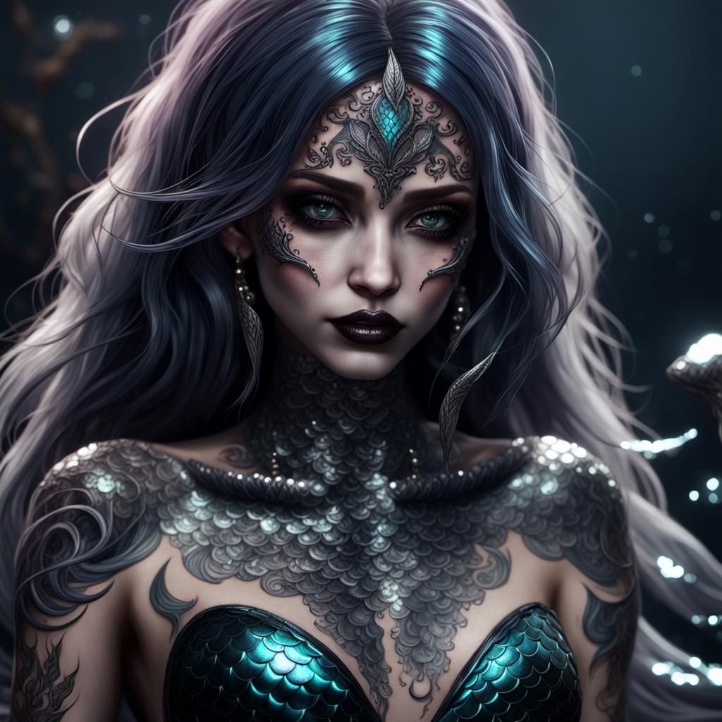 Gothic Mermaid with Tattoos in Dark Digital Art