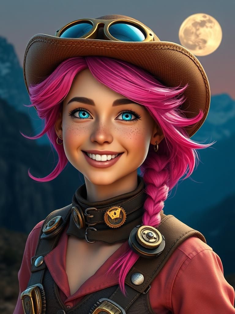 Steampunk Cowgirl with Pink Hair Under Moonlight