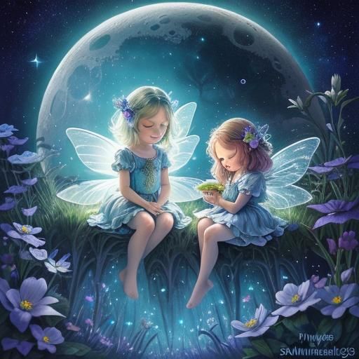 Fairies Sleeping on Bioluminescent Moon in Galaxy