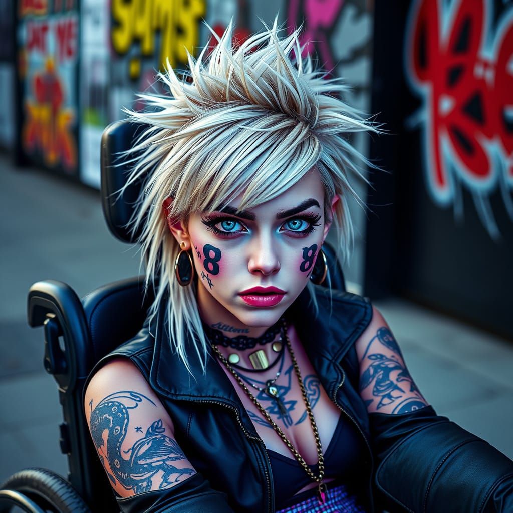 Blonde Punk Woman in Electric Wheelchair with Number 8 Tatto...