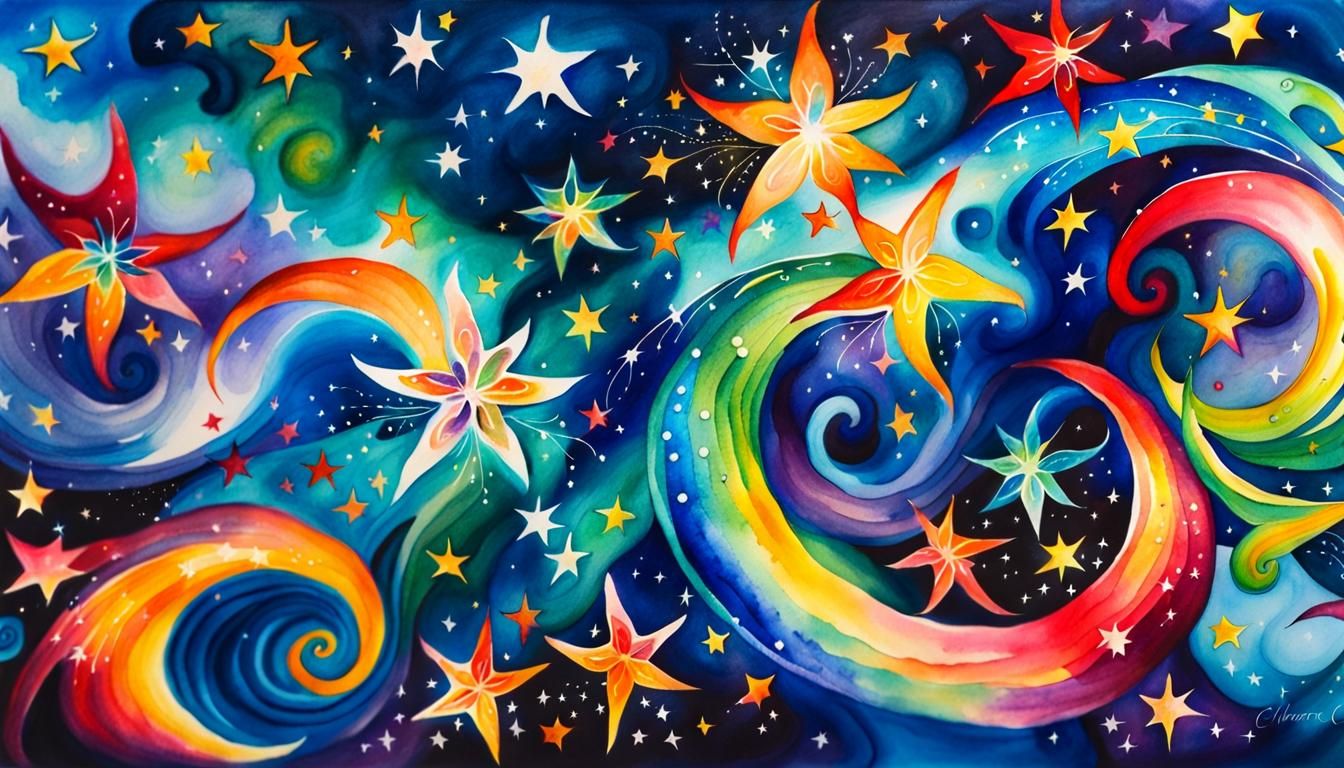Abstract Watercolor Swirls with Zentangles and Stars