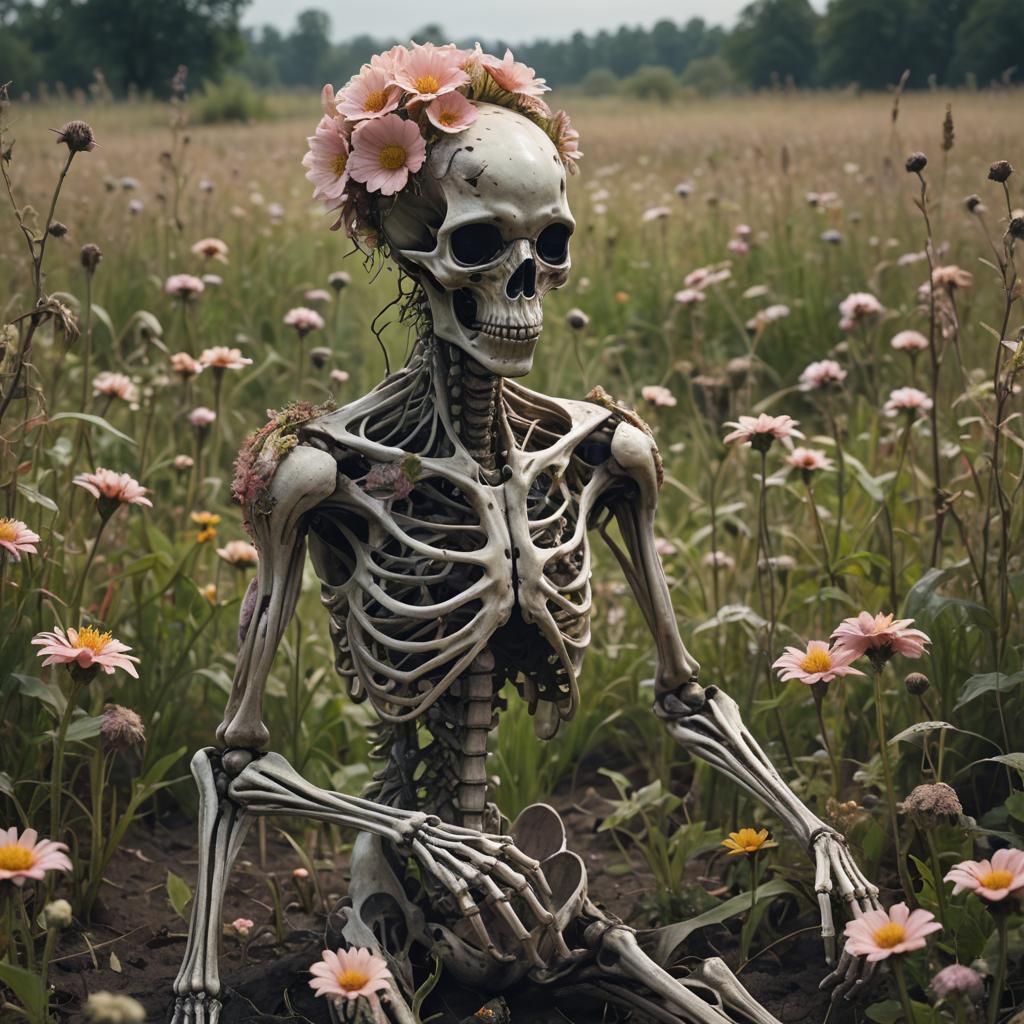 Decaying Floral Alien in a Vibrant Field