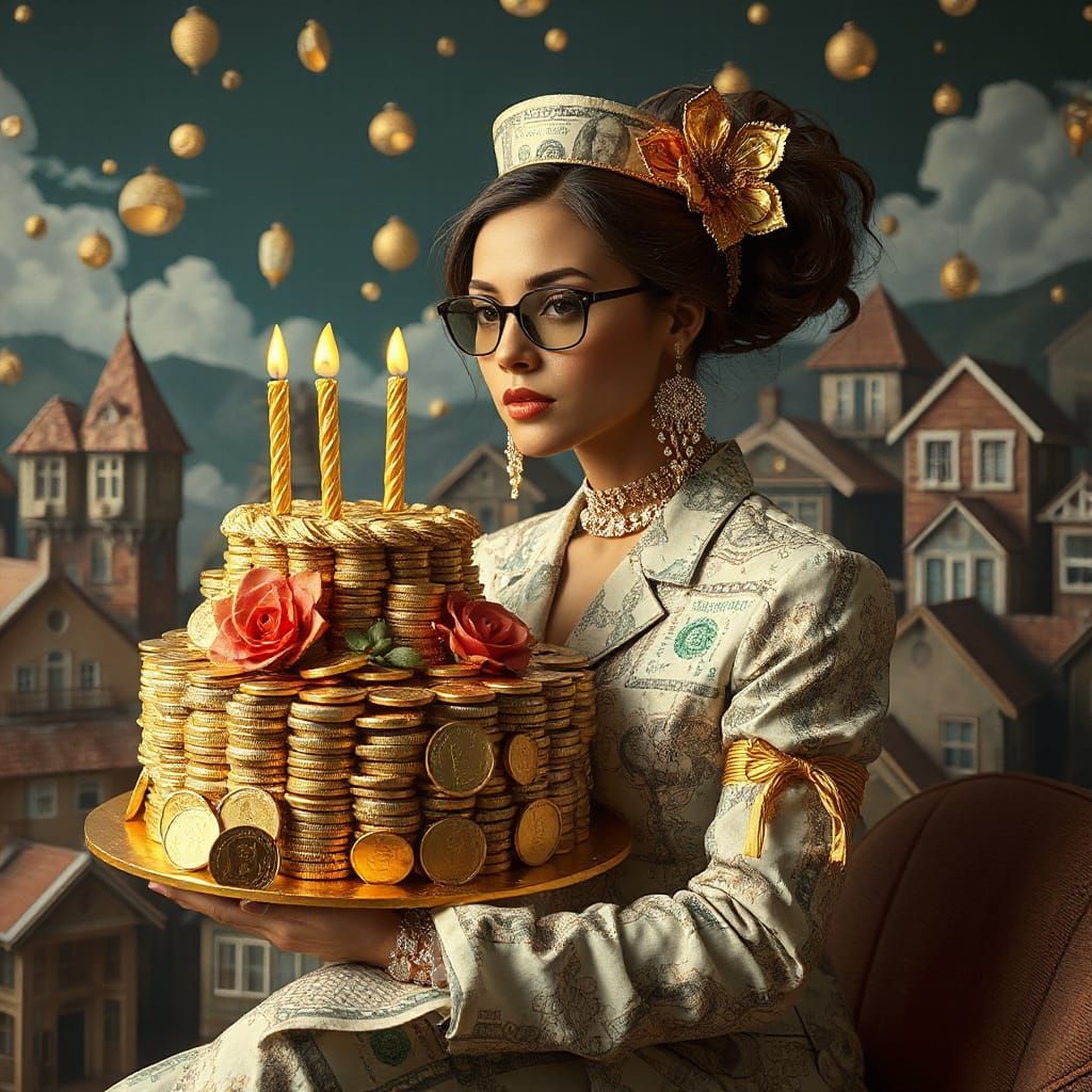 Woman in Money Suit Celebrates at Coin Cake Cityscape