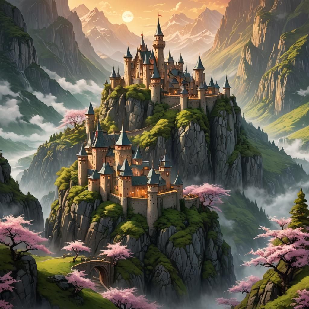 Castle Amidst Greenstone Mountains: Fantasy Matte Painting