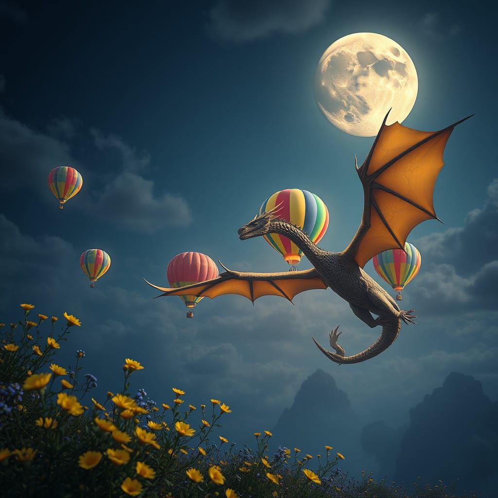 Dragon Soars Among Rainbow Hot Air Balloons Over a Serene Mo...