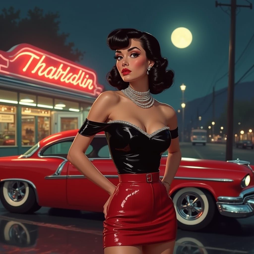Retro Rockabilly Girl in Front of 50s Hot Rod
