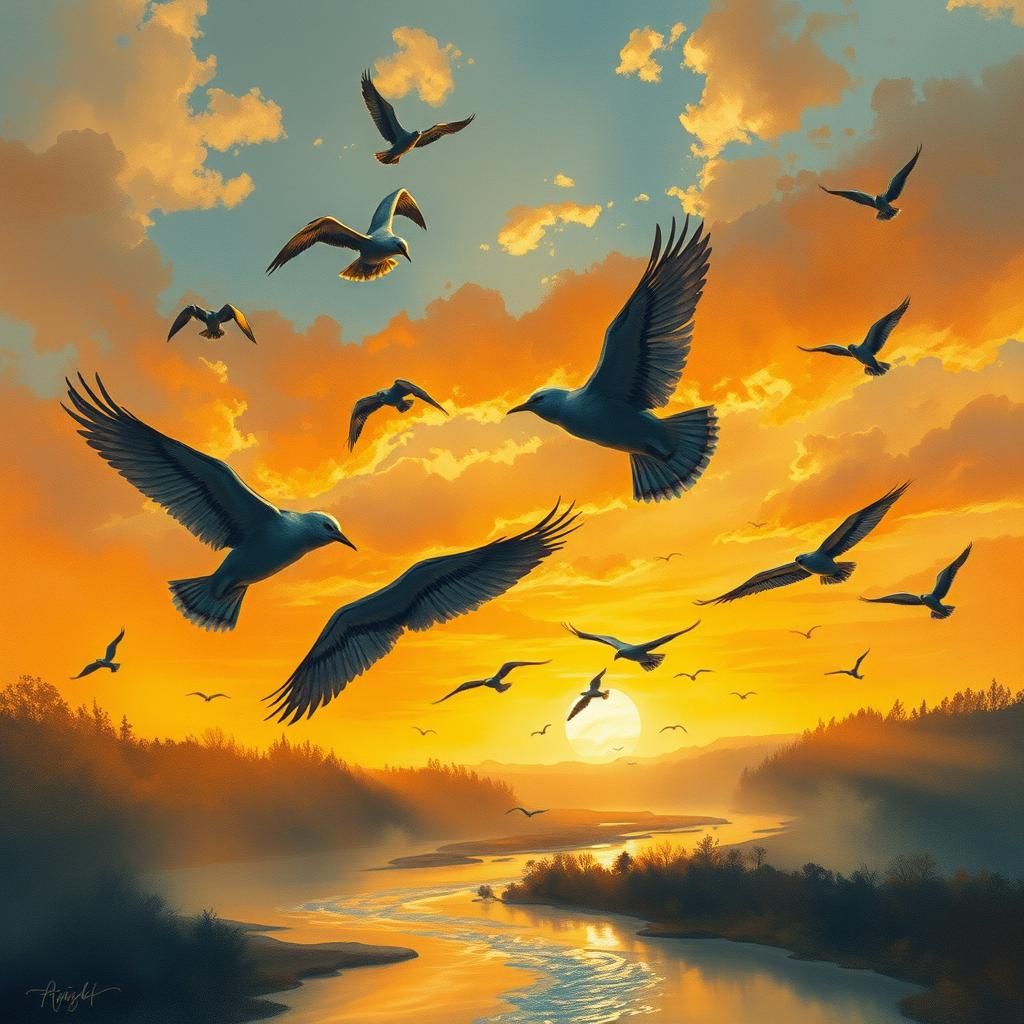 Birds Soaring Over River at Sunset: Watercolor Painting
