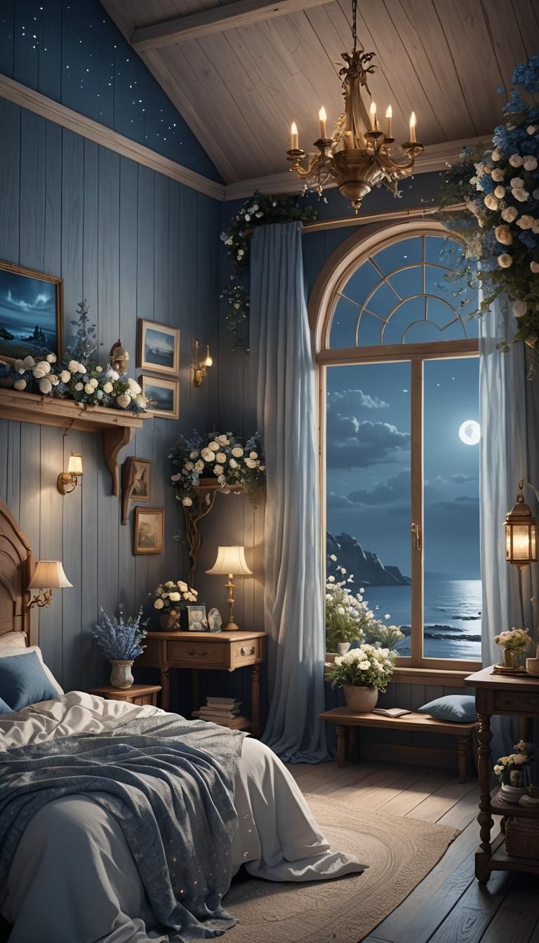 Moonlit Nordic Bedroom with Floral Accents