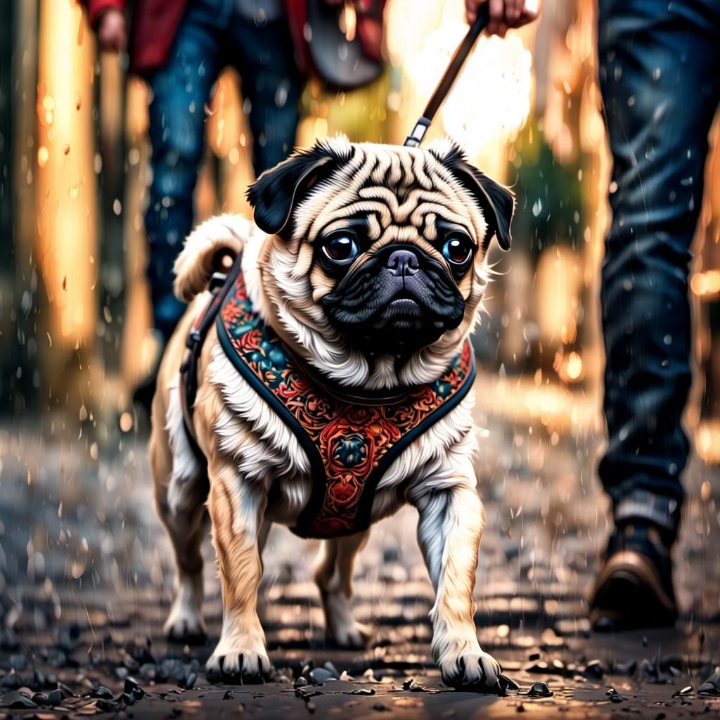 Hyperrealistic Photo of Man Walking a Cute Pug