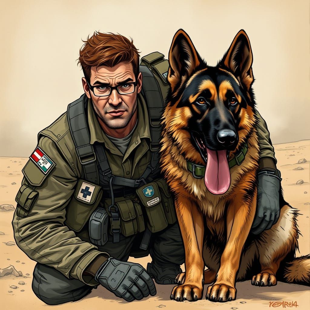 Combat Medic and K9 Partner in War-Torn Desert