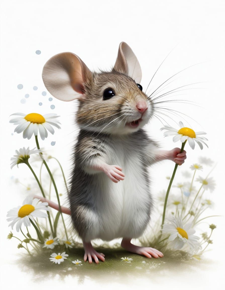 Whimsical Mouse in Dreamy Daisies Landscape