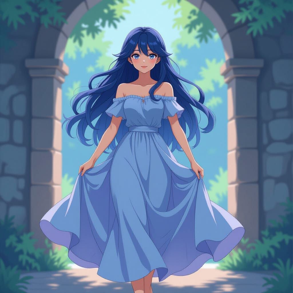 Blue-Haired Anime Girl in Flowing Dress, Cel-Shaded Manga Sc...