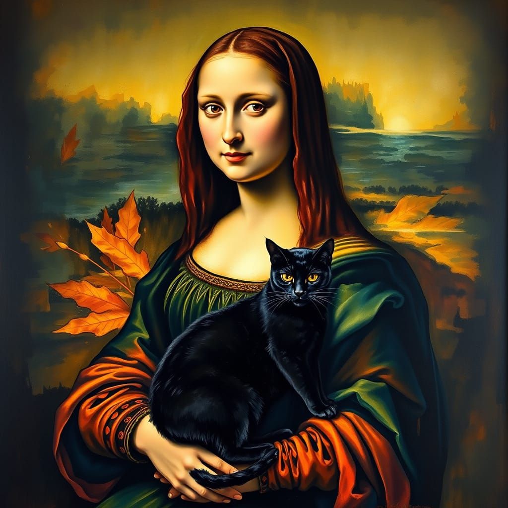 Mona Lisa with Black Cat in Gouache Watercolor